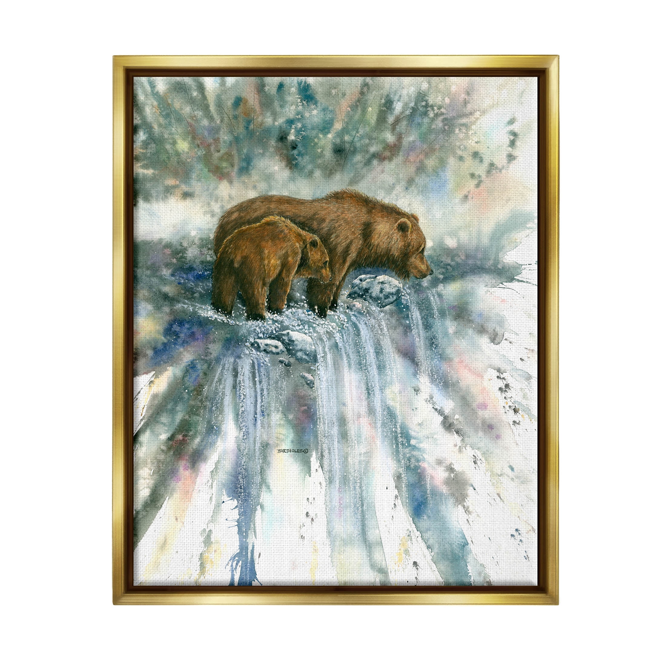 Two Bears Waterfall Nature Animals & Insects Graphic Art Metallic Gold Framed Art Print Wall Art