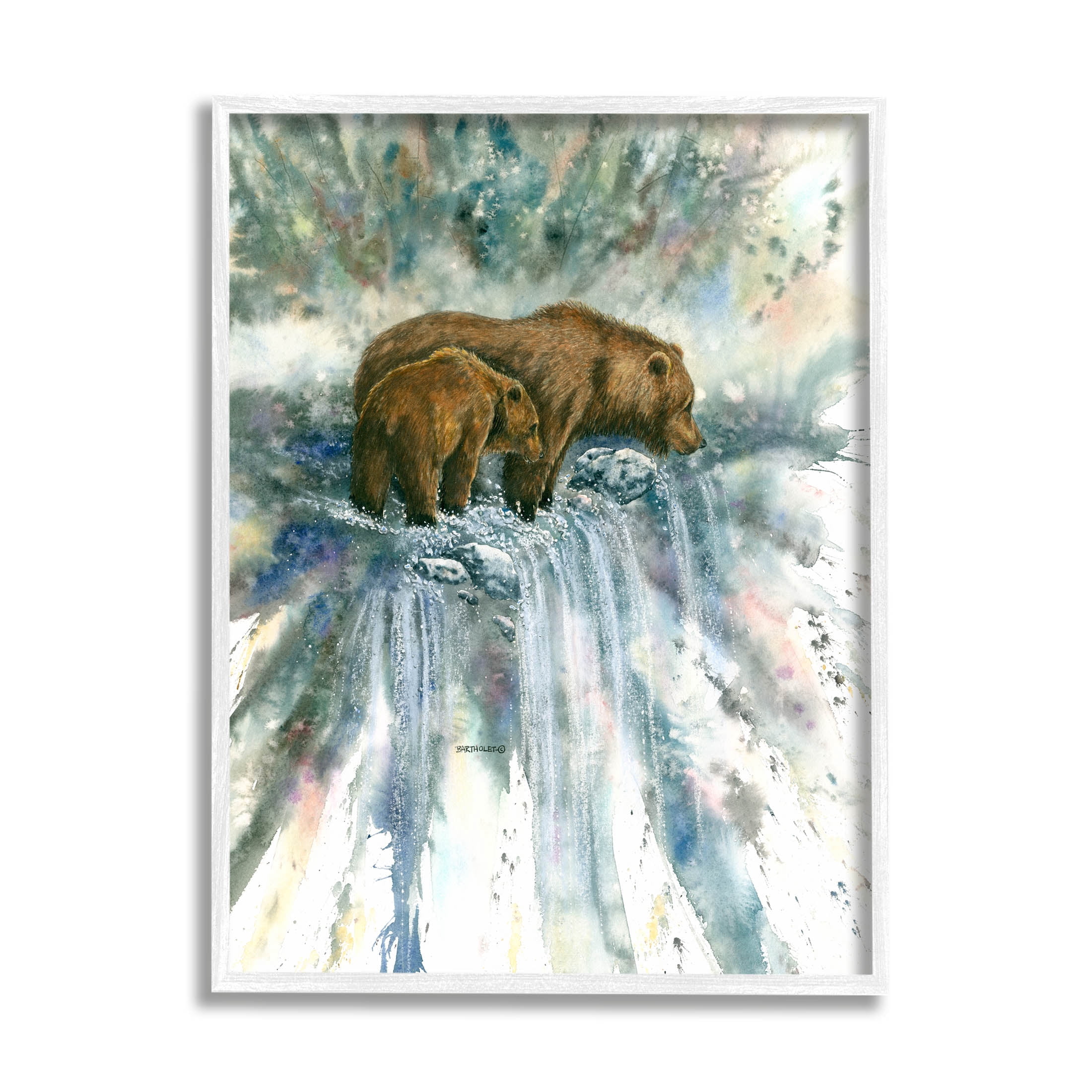 Two Bears Waterfall Nature Animals & Insects Graphic Art White Framed Art Print Wall Art