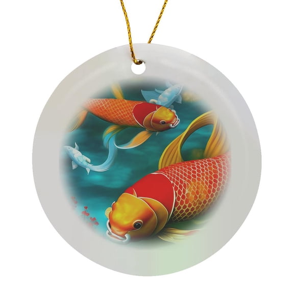 3drose, Two Beautiful Koi Fish Representing Pisces, Circle Porcelain Ornament