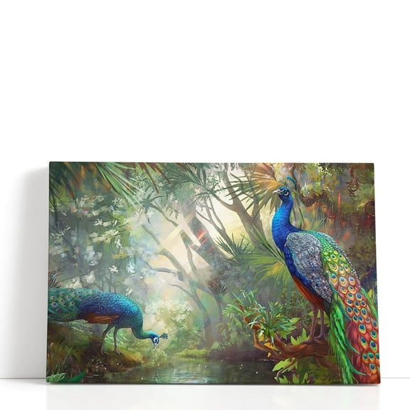 Two Beautiful Peacocks In the Forest Painting Print - Wrapped Canvas Print Wall Art | 36" W x 24" H