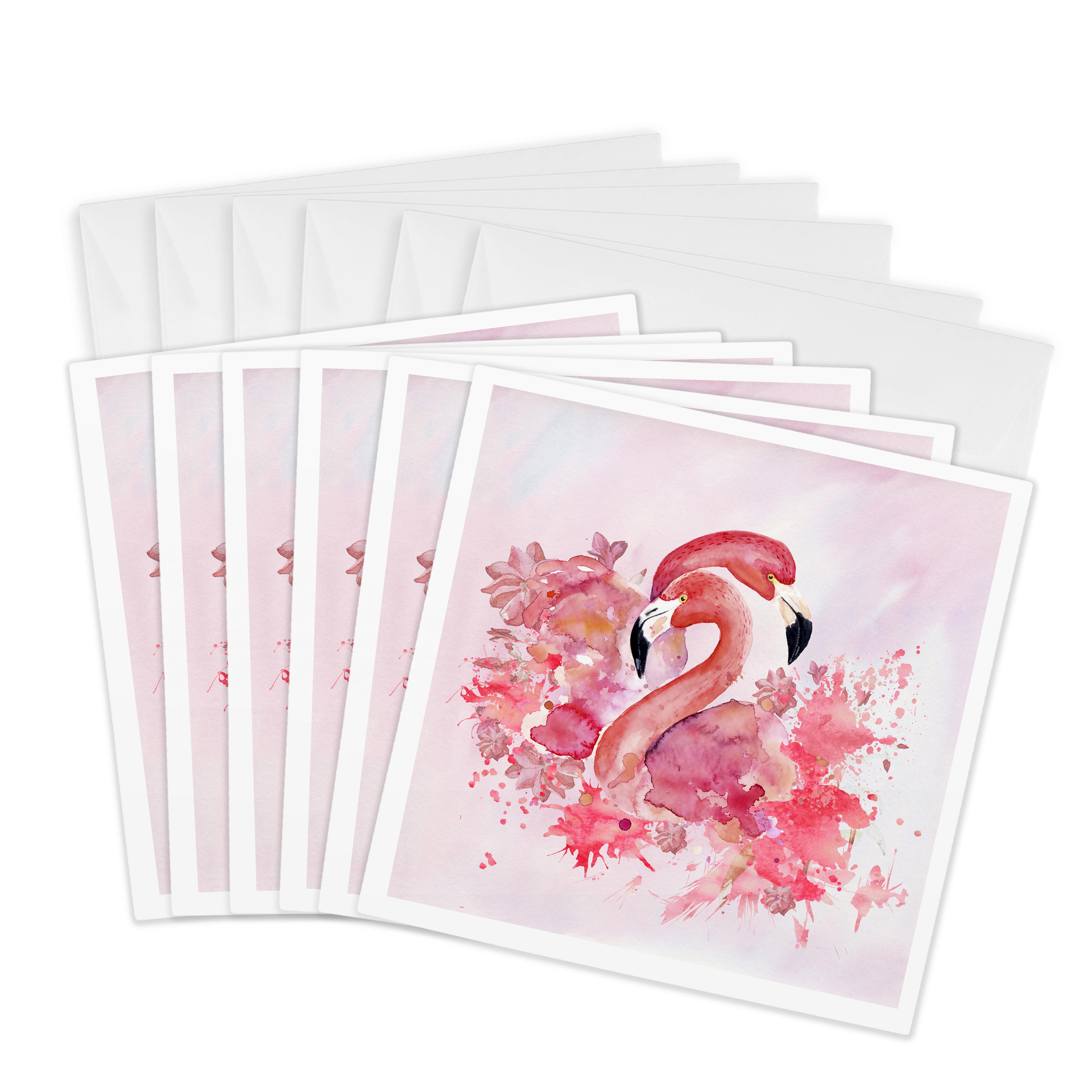 3dRose, Two Beautiful Pink Flamingos Watercolor Anima Illustration, 6 Greeting Cards with envelopes