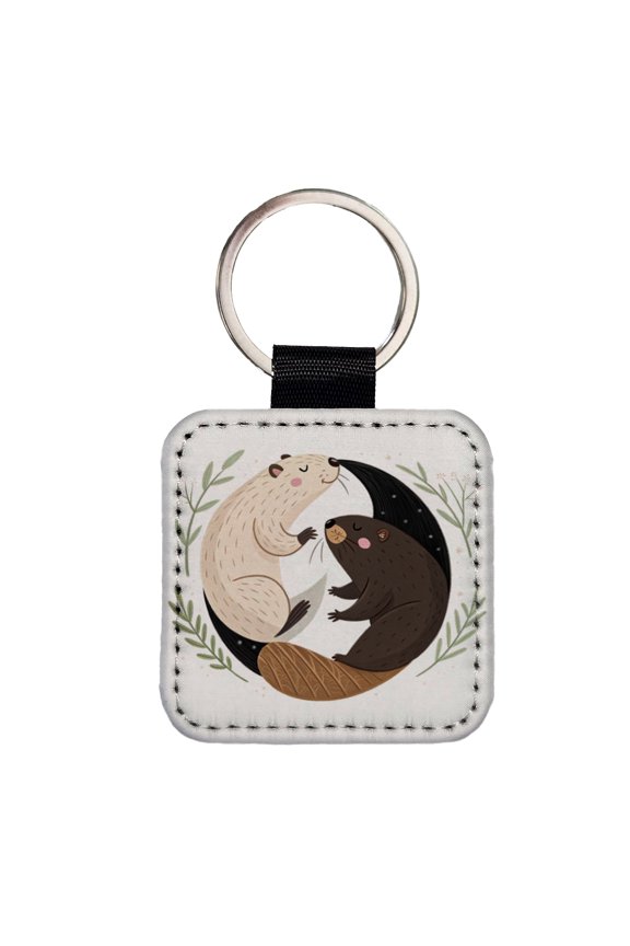 Two Beavers Yin Yang Cute Faux Leather Square Keychain