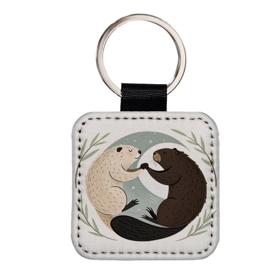 Two Beavers Yin Yang Faux Leather Square Keychain