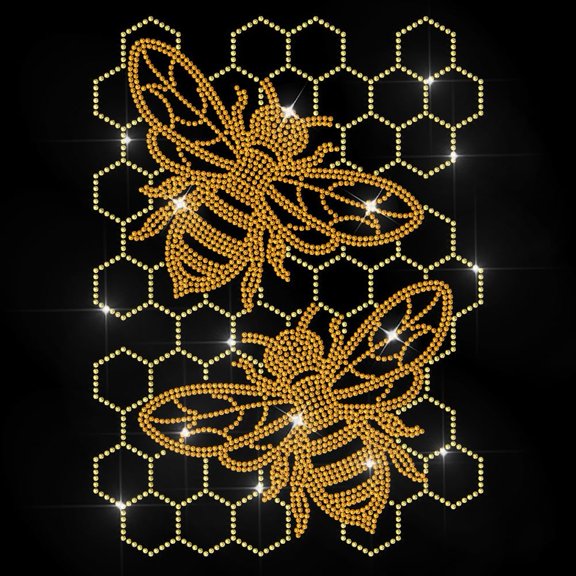Two Bees Rhinestone Iron on Decal Yellow Honeycomb Hotfix Transfer Sticker Sweet Beehive Heat Transfer Patch Bling Clothing Repair Applique for DIY Making
