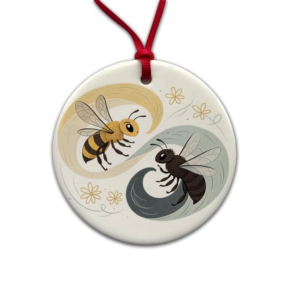 Two Bees Yin Yang Christmas Tree Holiday Round Ceramic Ornament