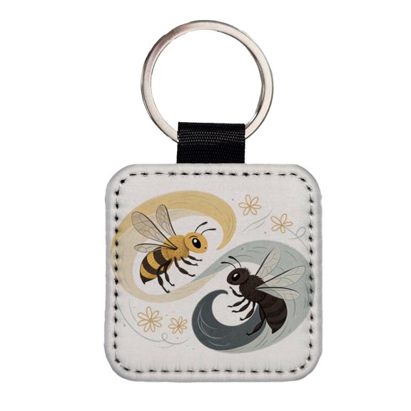 Two Bees Yin Yang Faux Leather Square Keychain