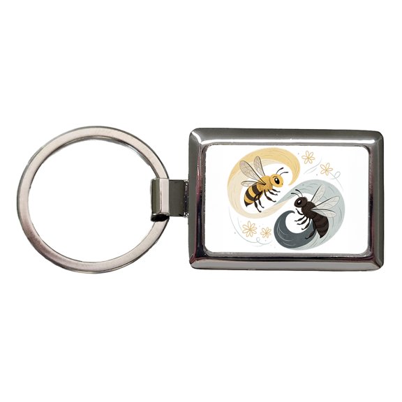 Two Bees Yin Yang Metal Rectangle Keychain