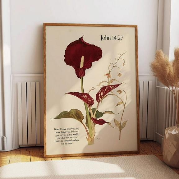 John 14:27 Bible Verse Wall Art - Red Botanical Flower Illustration Christian Scripture Print - Faith Floral Poster Wall Art, Modern Wall Decor, 8x12 UNFRAMED