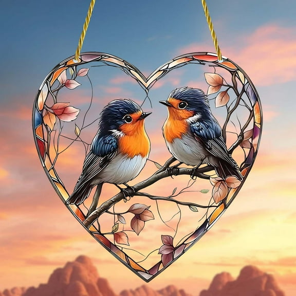 Two Birds Acrylic Heart Ornament - Weatherproof Porch & Home Decor for Anniversaries, Weddings & Couples Gifts (Year-Round Hanging Display)