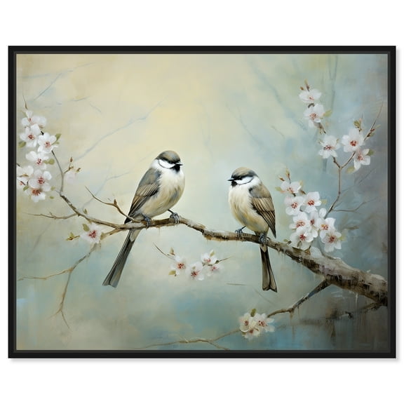 Two Birds And A Blossom Branch II Rustic Chic Farmhouse Canvas Wall Art by Art Remedy, Black Floater Frame, 20"x16"