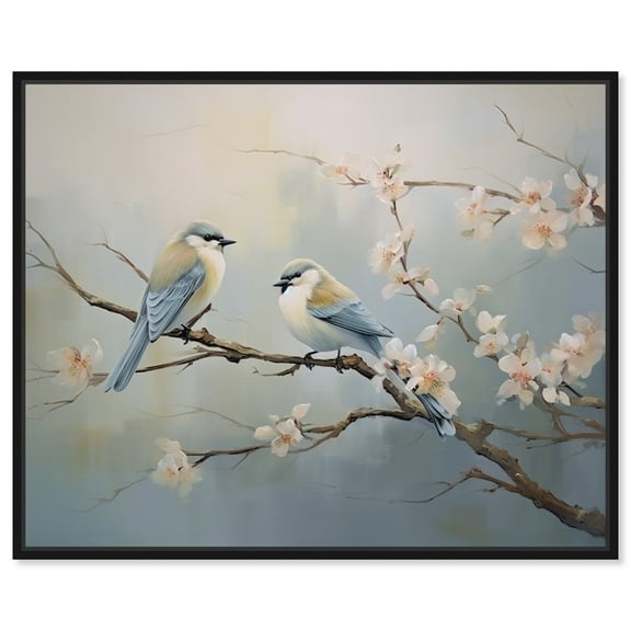 Two Birds And A Blossom Branch Rustic Chic Farmhouse Canvas Wall Art by Art Remedy, Black Floater Frame, 20"x16"
