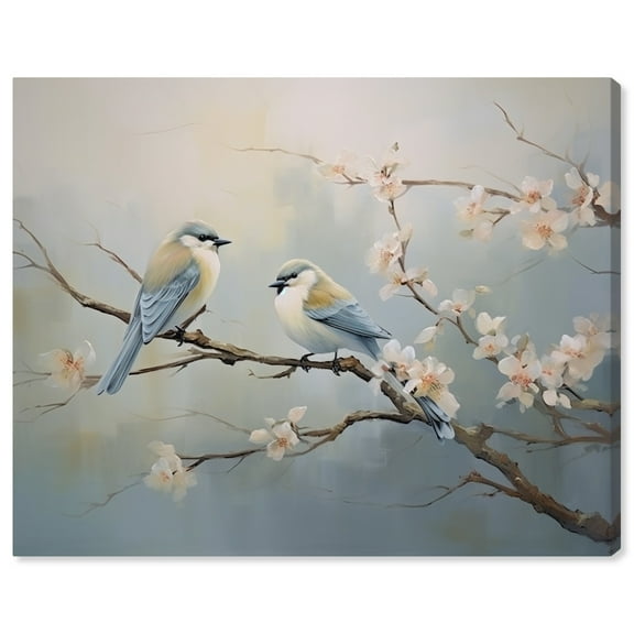 Two Birds And A Blossom Branch Rustic Chic Farmhouse Canvas Wall Art by Art Remedy, Gallery Wrapped, 30"x24"