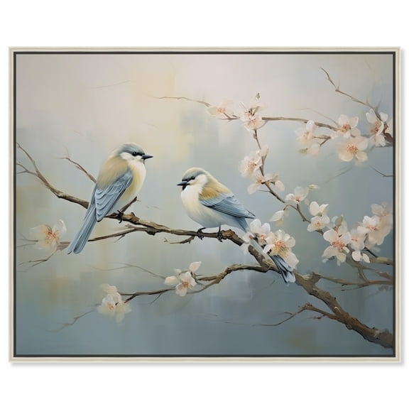 Two Birds And A Blossom Branch Rustic Chic Farmhouse Canvas Wall Art by Art Remedy, Silver Floater Frame, 20"x16"