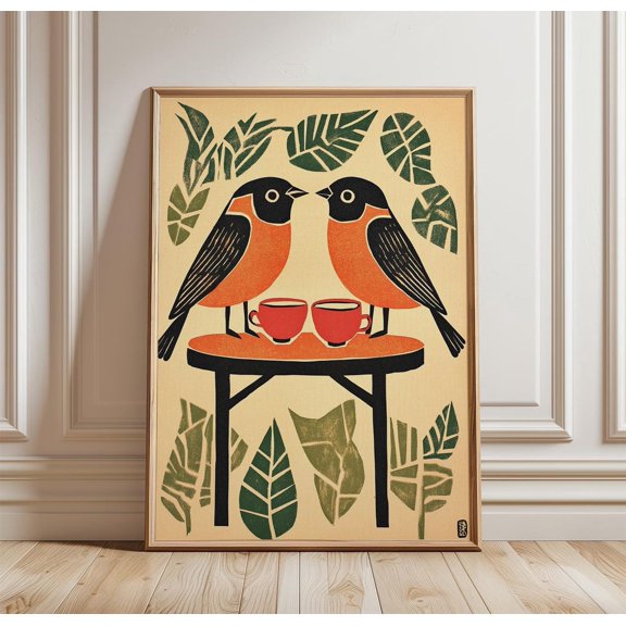 Two Birds Coffee Scene Poster, Whimsical Cafe Wall Art