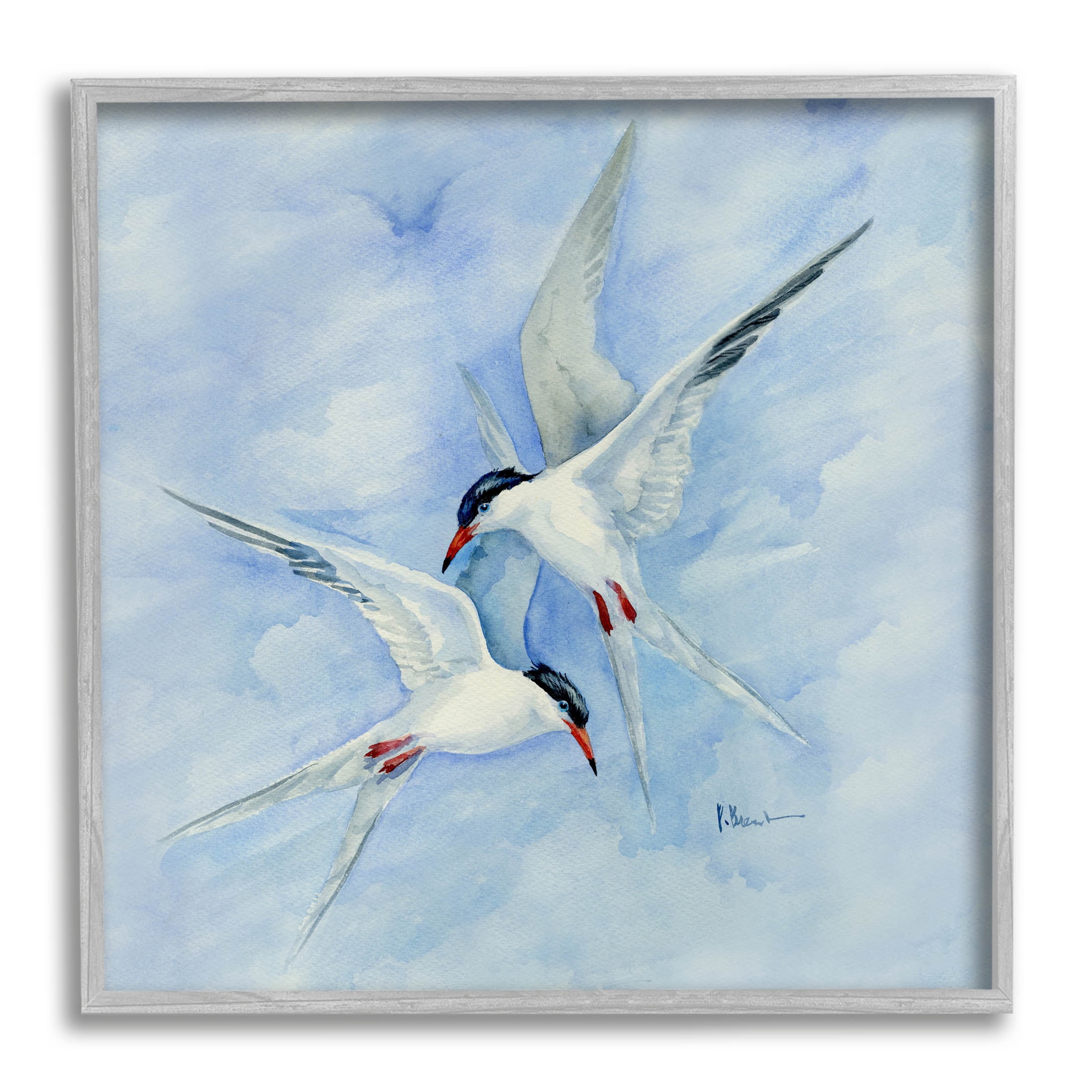Two Birds Flying Sky Wildlife Animals & Insects Painting Gray Framed Art Print Wall Art
