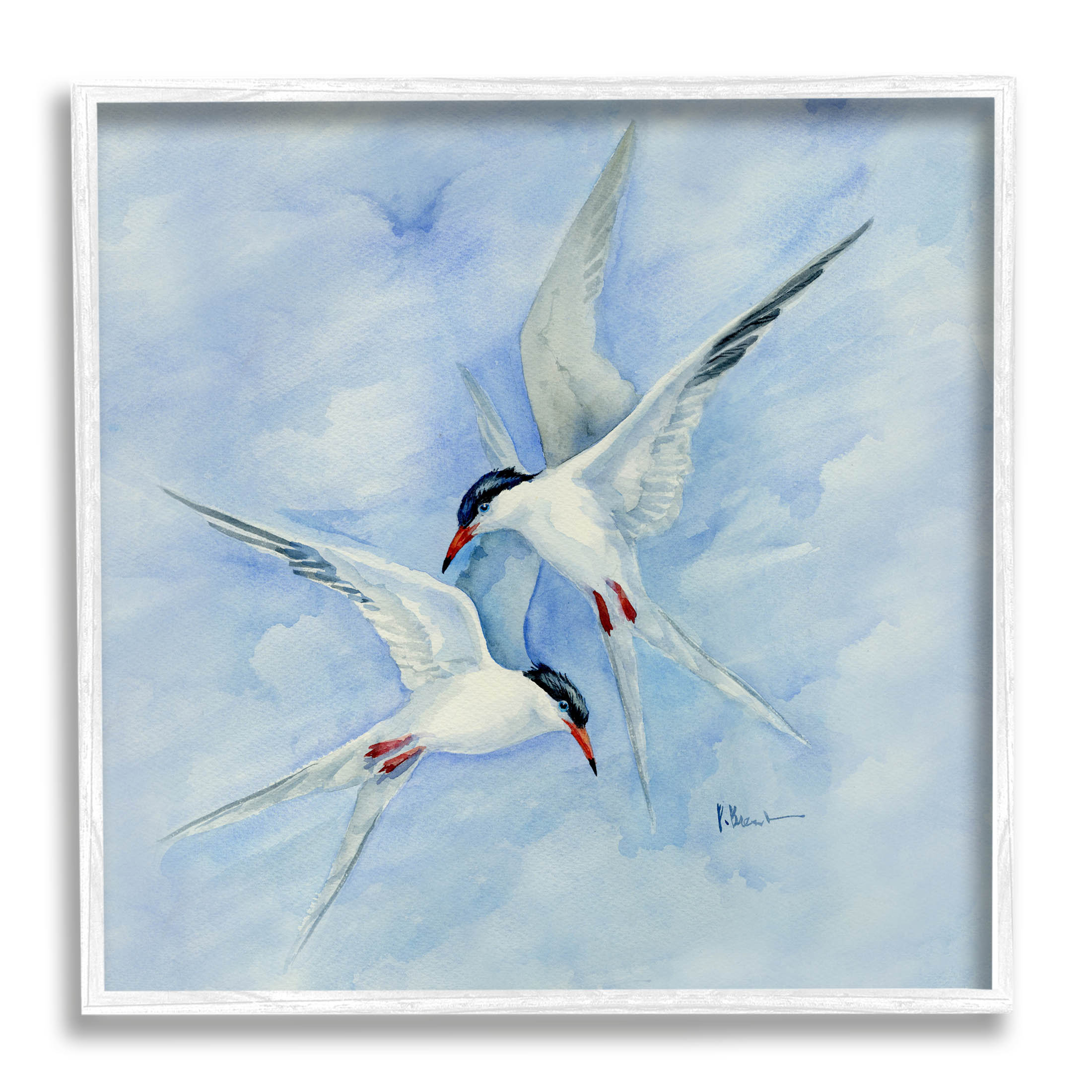 Two Birds Flying Sky Wildlife Animals & Insects Painting White Framed Art Print Wall Art