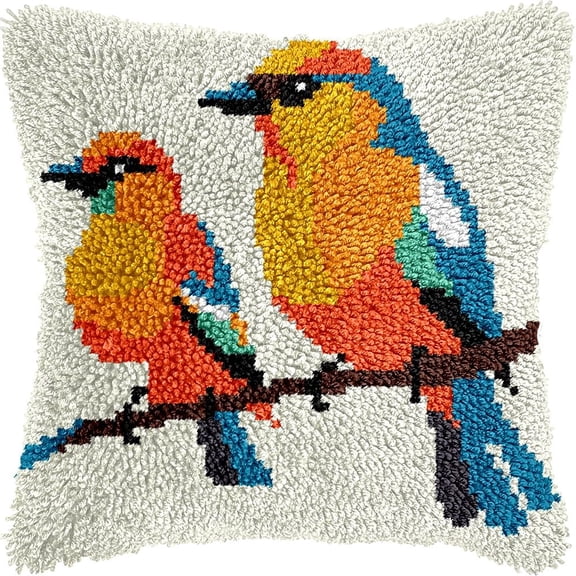 Two Birds Latch Hook Kits Pillow kits Cushion Throw Pillow Embroidery Craft Kits For Beginner DIY Kits of Handmade Pillowcase with Printed Canvas Home Decor 43x43cm (g56)