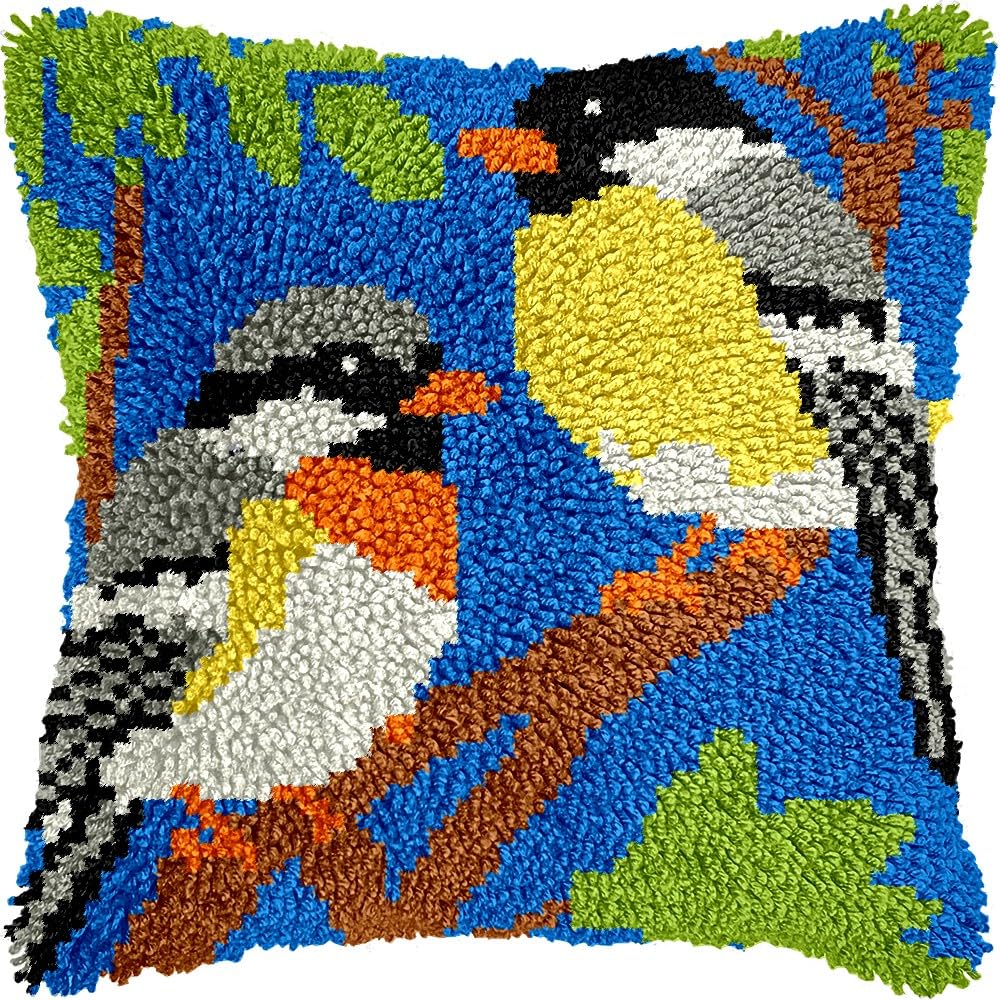 Two Birds Latch Hook Pillow Cover Kits for DIY Handmade Throw Pillow Cross Stitch Latch Hooking Pillowcase Kits with Preprinted Color Pattern Canvas Crochet Yarn Kits 17''X 17''(8-191)