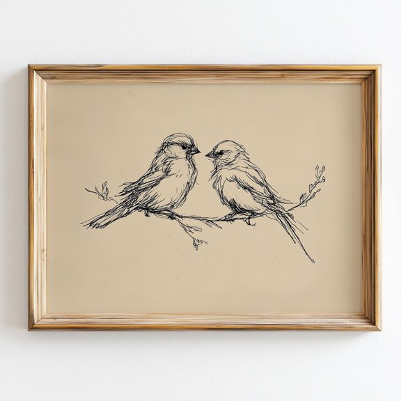 Two Birds On Branch Sketch Minimalist Sparrow Line Drawing Vintage Nature Study Rustic Cottagecore