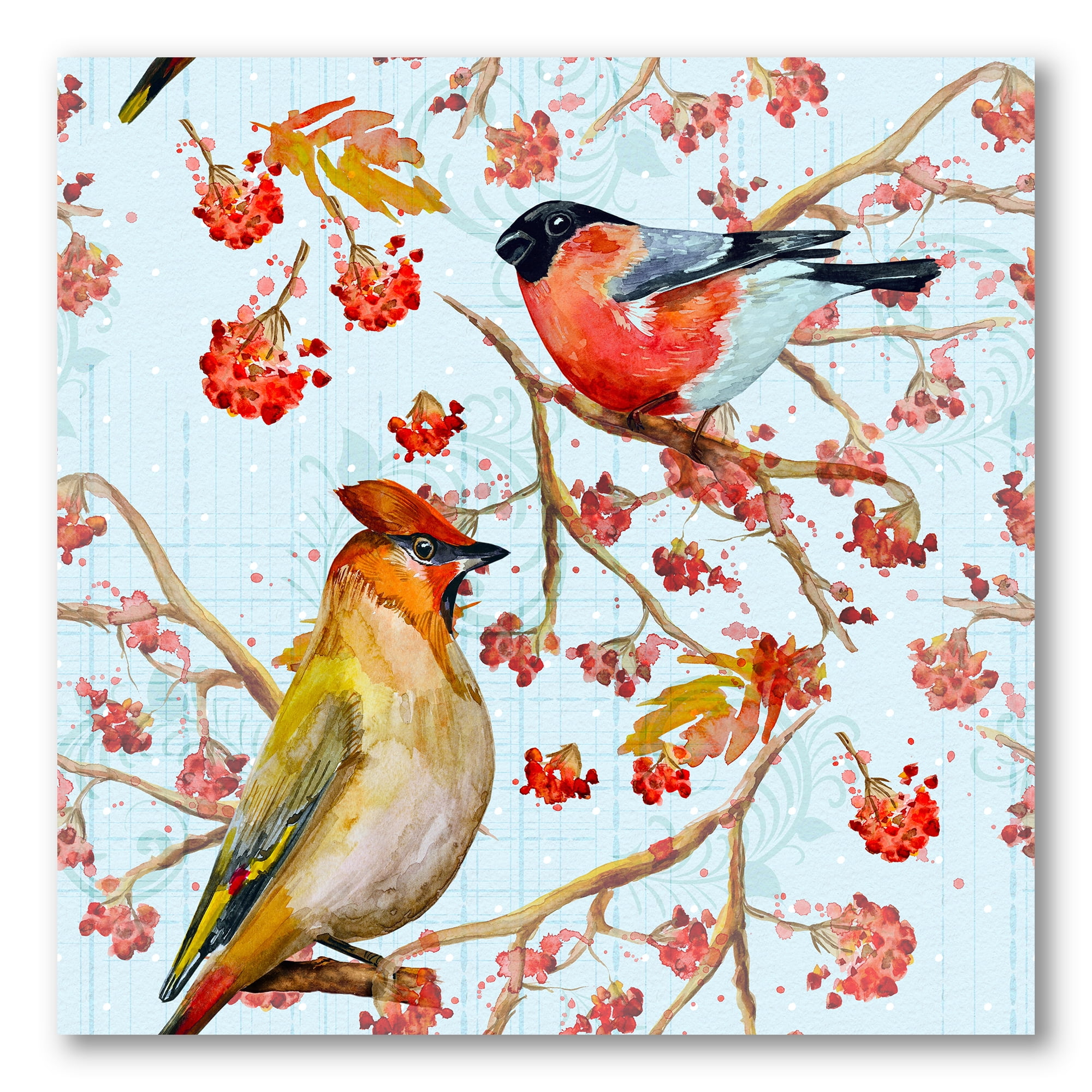 Two Birds Sitting On Branches During Autumn 16 in x 16 in Painting Canvas Art Print, by Designart