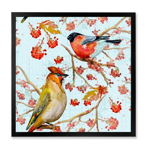 Two Birds Sitting On Branches During Autumn 30 in x 30 in Framed Painting Canvas Art Print, by Designart