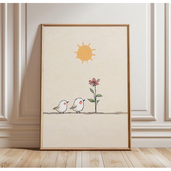 Two Birds Wire Poster | Minimal Line Art Print | Soft Nature Wall Decor, Poster Only