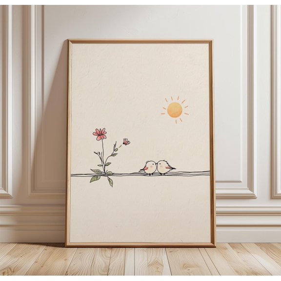 Two Birds Wire Poster | Minimal Line Art Print | Soft Nature Wall Decor, Poster Only