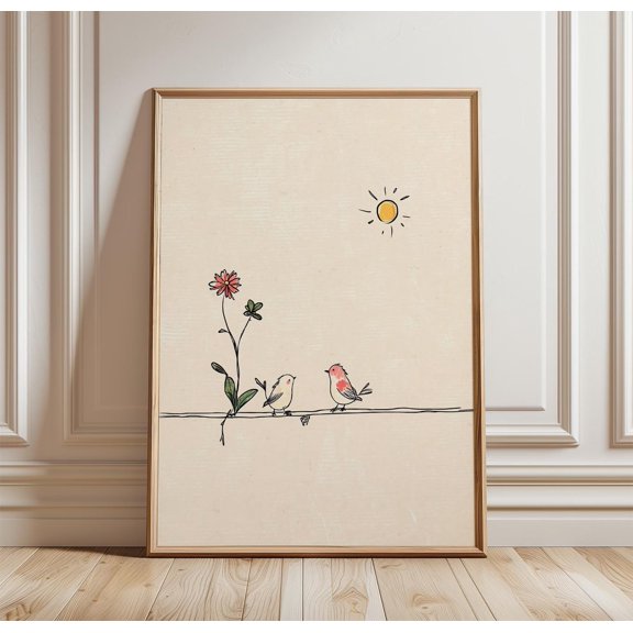 Two Birds Wire Poster | Minimal Line Art Print | Soft Nature Wall Decor, Poster Only