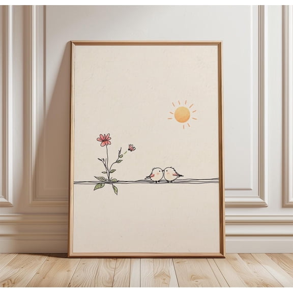 Two Birds Wire Poster Minimal Line Art Print Soft Nature Wall Decor