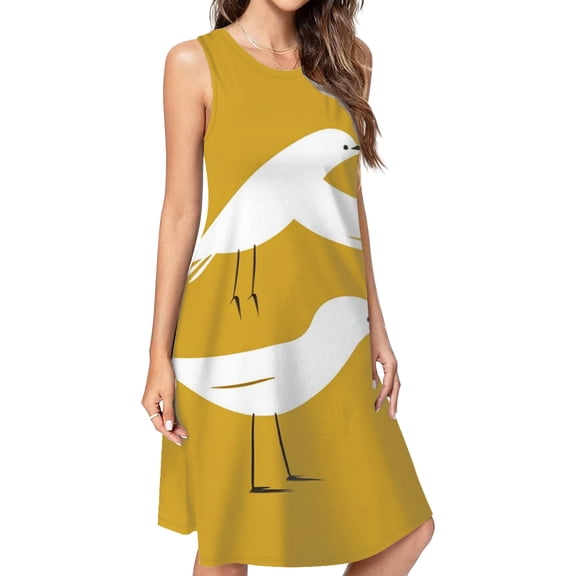 Two Birds Yellow Background Minimalist Art Casual Sleeveless Loose Sundress Dress For Women Summer Dress Daily Woman