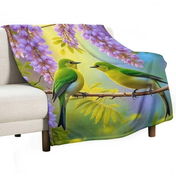 Two Birds on Branch with Purple Flowers Blanket Soft Cozy Flannel Blanket for man women