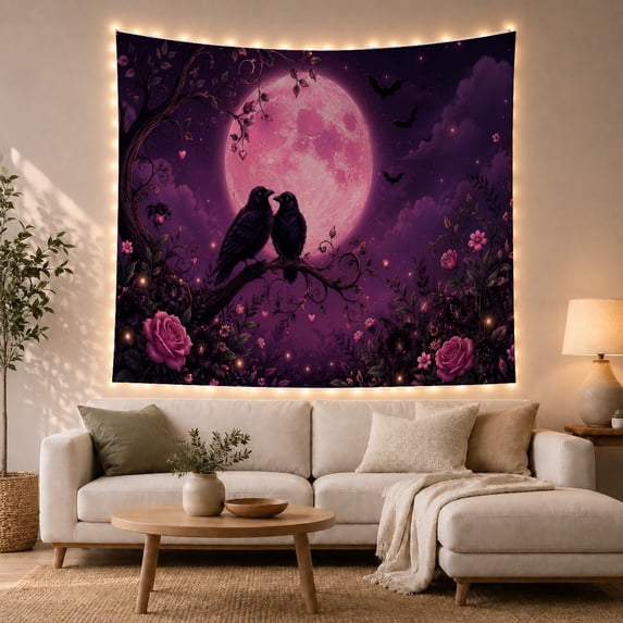 Two Black Ravens Beneath a Pink Moon with Roses, Romantic Gothic for Bird Lovers, Dark Floral Decor, Anniversary Gift, Tapestry Wall Hanging for Bedroom and Living Room
