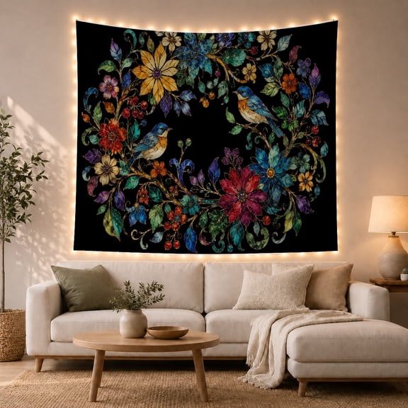 Two Blue Birds Among Flowers in Botanical Garden, Whimsical Boho for Bird Lovers, Floral Wall Art Decor, Birthday Gift, Tapestry Wall Hanging for Living Room and Bedroom