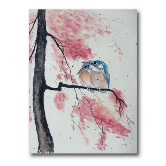 Two Blue Kingfisher Birds Sitting On A Flowering Branch 12 in x 8 in Painting Canvas Art Print, by Designart
