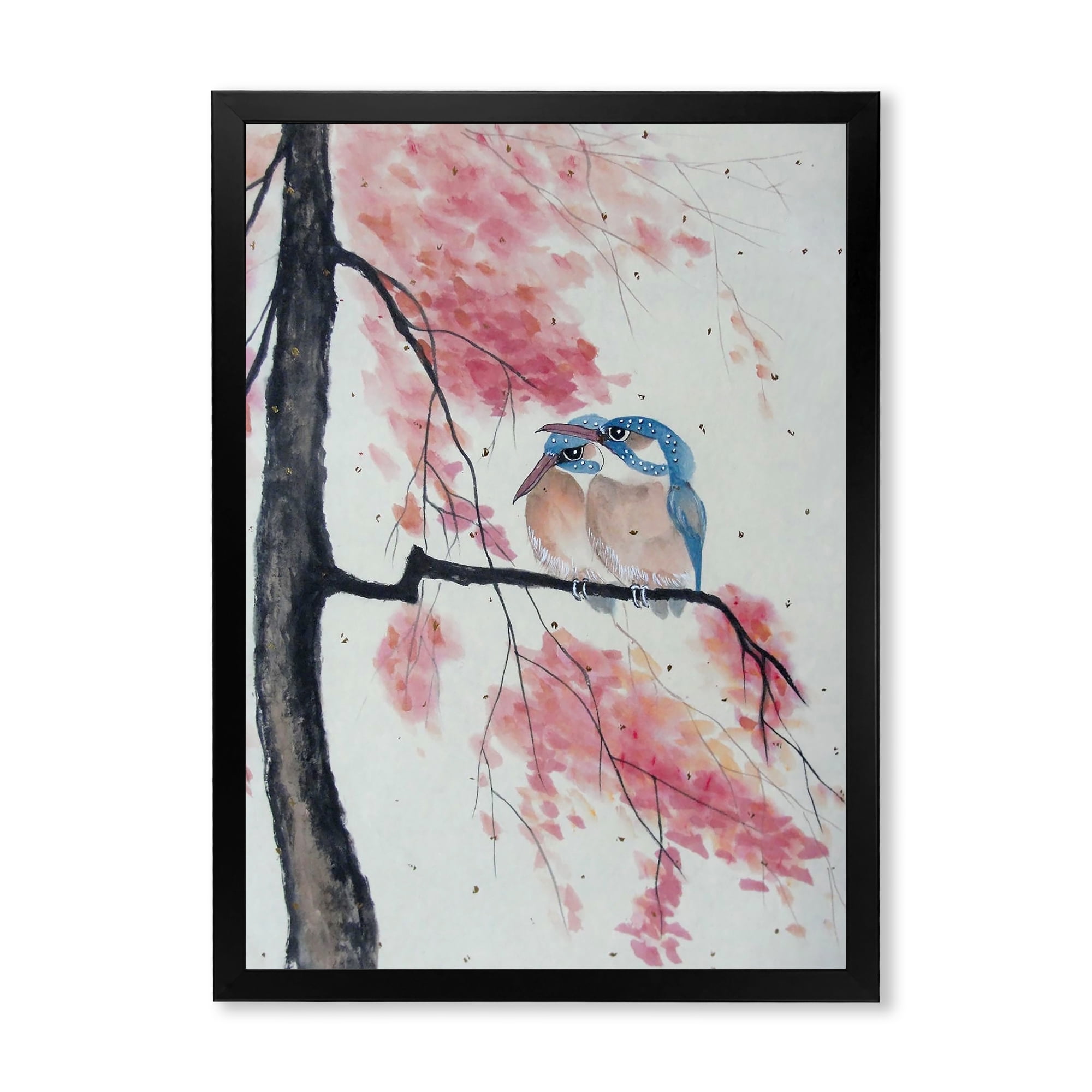 Two Blue Kingfisher Birds Sitting On A Flowering Branch 16 in x 32 in Framed Painting Canvas Art Print, by Designart