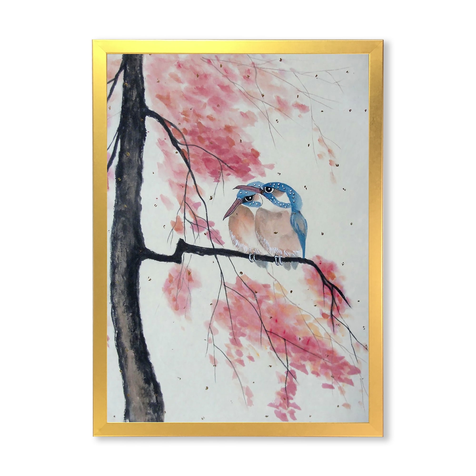 Two Blue Kingfisher Birds Sitting On A Flowering Branch 16 in x 32 in Framed Painting Canvas Art Print, by Designart