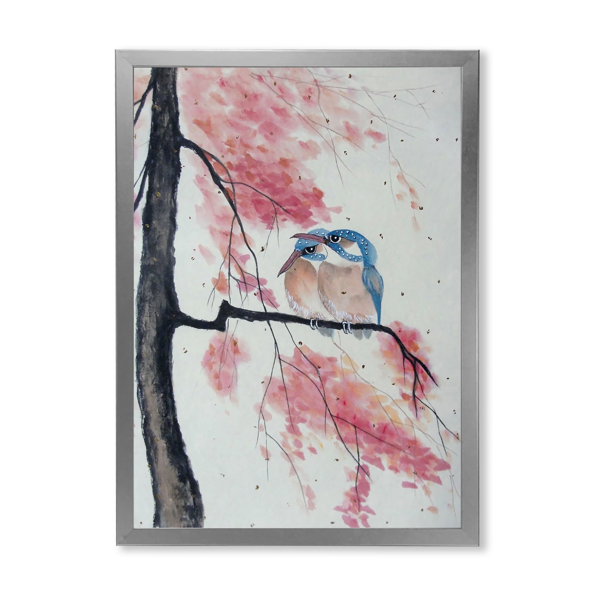 Two Blue Kingfisher Birds Sitting On A Flowering Branch 16 in x 32 in Framed Painting Canvas Art Print, by Designart