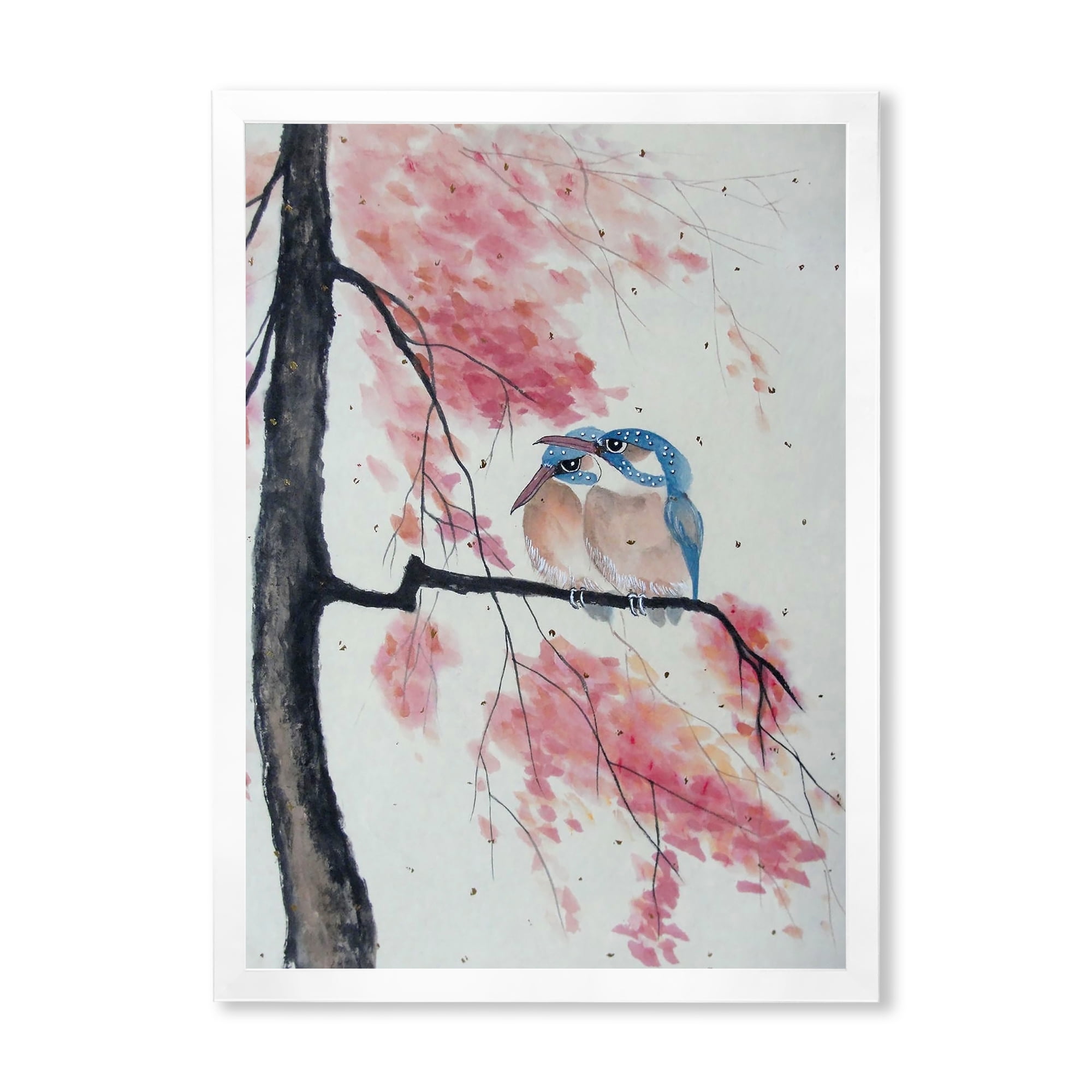 Two Blue Kingfisher Birds Sitting On A Flowering Branch 30 in x 40 in Framed Painting Canvas Art Print, by Designart