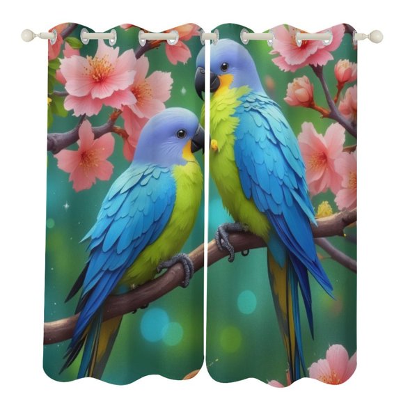 Two Blue Parrots on Cherry Blossom Branch 2 Panels 3D Printing Pattern Curtain for Bedroom Living Room Kitchen Window Decoration Home