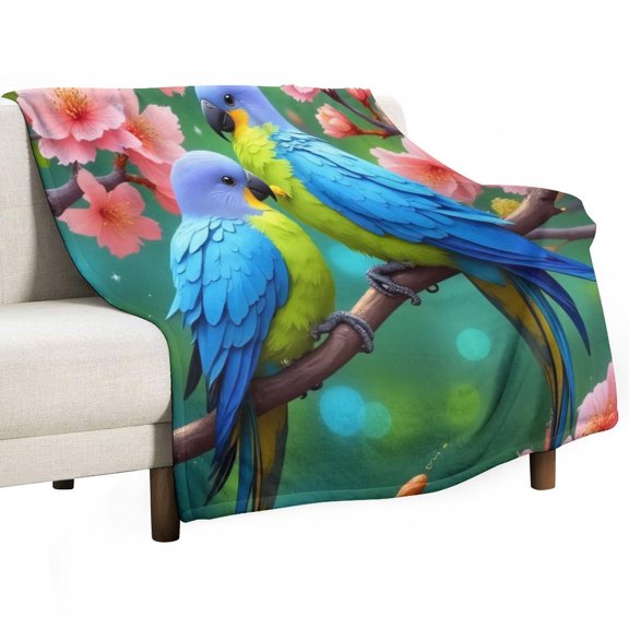Two Blue Parrots on Cherry Blossom Branch Throw Blanket Warm Microfiber Flannel Bedroom Decor Blankets For Beds