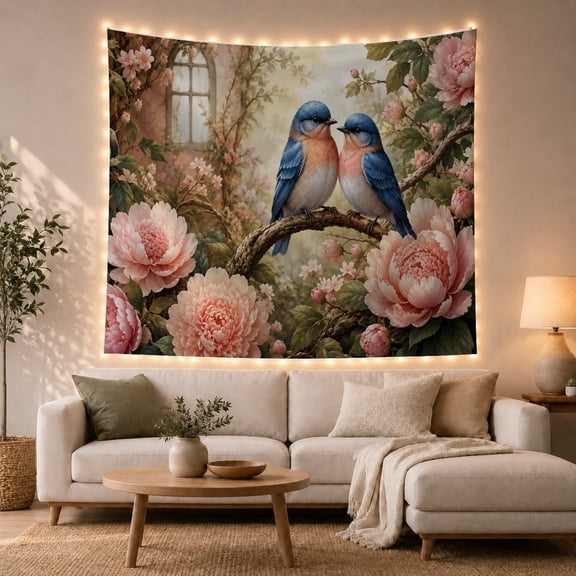 Two Bluebirds and Peonies in Romantic Garden, Dreamy Vintage for Nature Lovers, Botanical Wall Art, Anniversary Gift, Tapestry Wall Hanging for Bedroom and Living Room