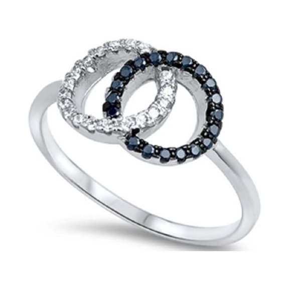 Two Bond Circles Black and Clear Cubic Zirconia Ring Sterling Silver 925