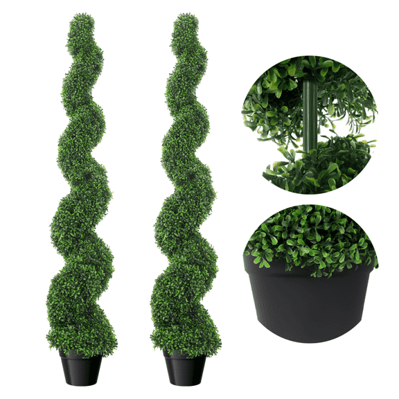Two Boxwood Leave Artificial Plants Spiral Topiary Tree, Steel Frame Rust-resistant, Spiral Topiaries Tree in Plastic Pot, Plastic Material, Realistic Artificial Plants for Garden, Outdoor Walkway