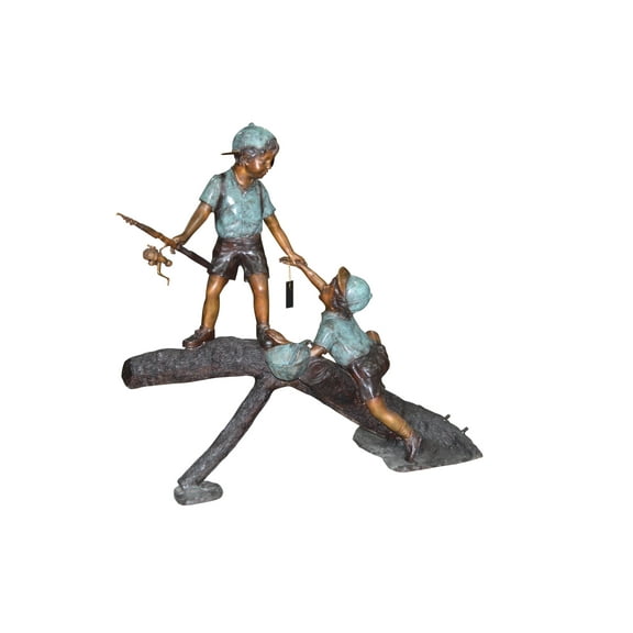 Nifao Two Boys Fishing on Tree Log Outdoor Fountain Statue, Bronze Garden Water Feature Sculpture for Patio & Yard, 53"L x 25"W x 47"H