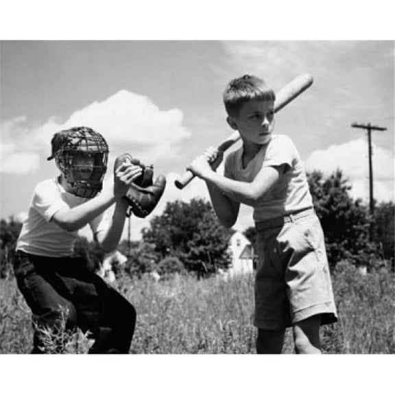 Two Boys Playing Baseball in Field Poster Print 18 x 24 in.