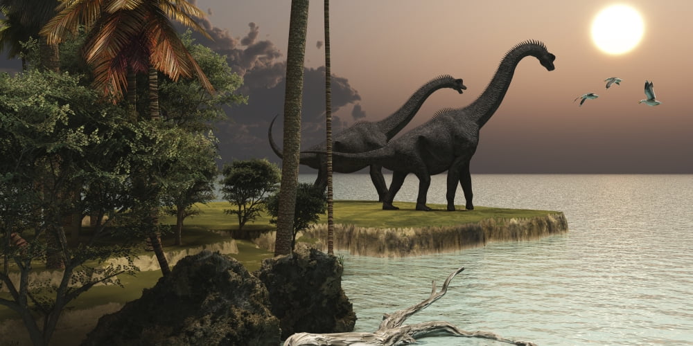Two Brachiosaurus dinosaurs enjoy a beautiful sunset Canvas Art - Corey FordStocktrek Images (40 x 20)