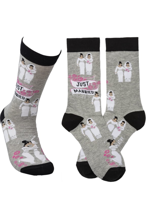 Two Brides JUST MARRIED LGBT Gay Wedding Novelty Socks, by Primitives by Kathy