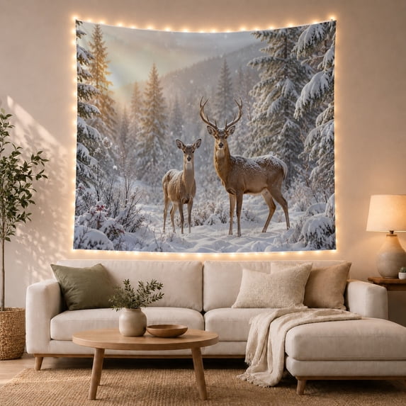 Two Brown Deer in Snowy Evergreen Forest, Majestic Rustic for Wildlife Lovers, Realistic Woodland Wall Art, Christmas Gift Tapestry Wall Hanging for Bedroom and Living Room