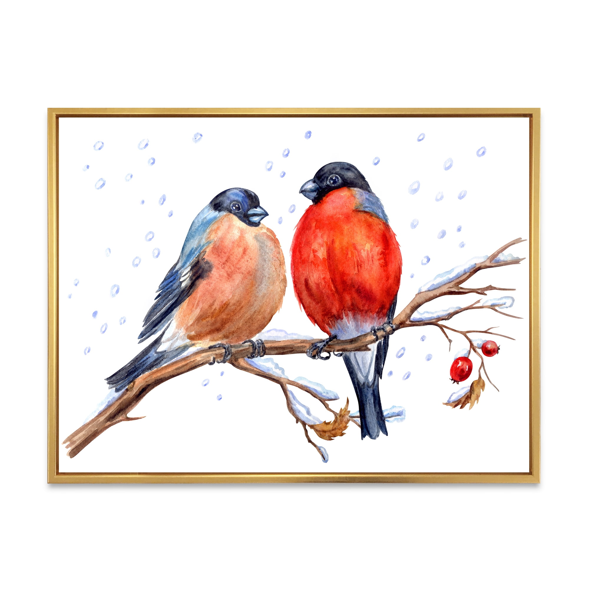 Two Bullfinches On A Hawthorn Branch with Snowfall In Winter 20 in x 12 in Framed Painting Canvas Art Print, by Designart
