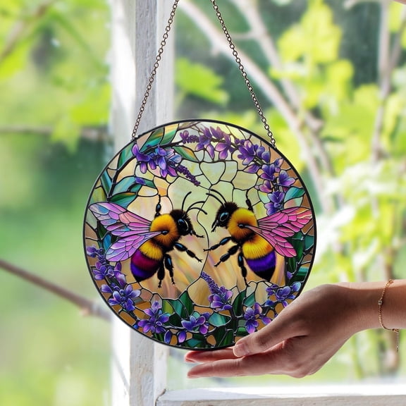 Two Bumblebee Friends Glass Suncatcher, Cute Garden Insect Window Art, Nature Lover, 6.3 in